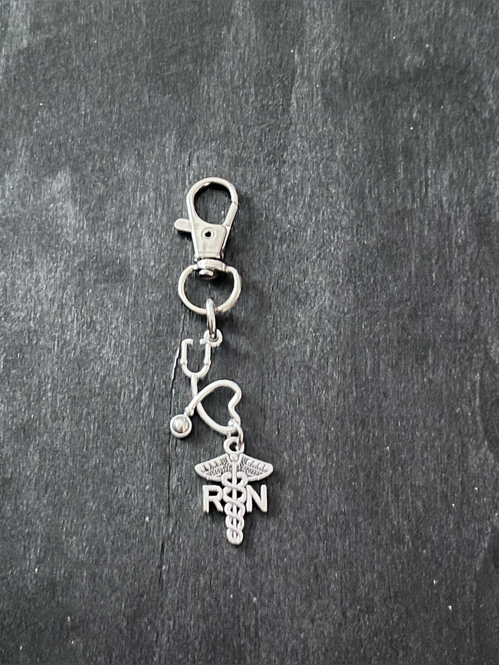 Silver RN Caduceus Stethoscope Keychain Charm